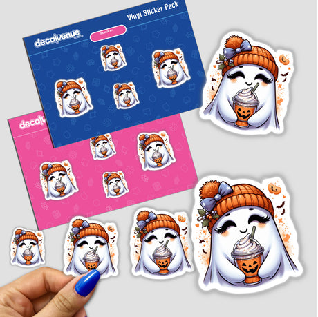 Pumpkin Spice and Everything Nice Cute Ghost sticker pack features cartoon ghosts holding drinks, available as stickers or digital artwork.