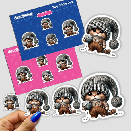Sticker pack of Scottish Fold Cat Gnome holding a ball of yarn, featuring a cartoon cat in a knitted hat and overalls. Available as Stickers or Digital Artwork.