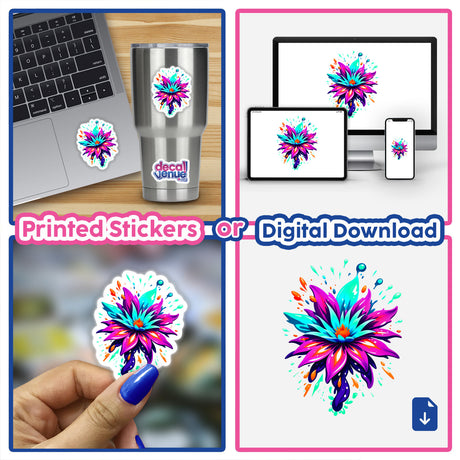 A collage featuring A Colorful Spring Flower sticker on a laptop, showcasing vibrant digital artwork, available as stickers or digital files from Decal Venue.