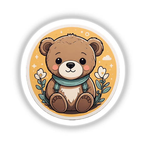 Adorable teddy bear digital artwork with floral accents, perfect sticker or decal for expressing your style.
