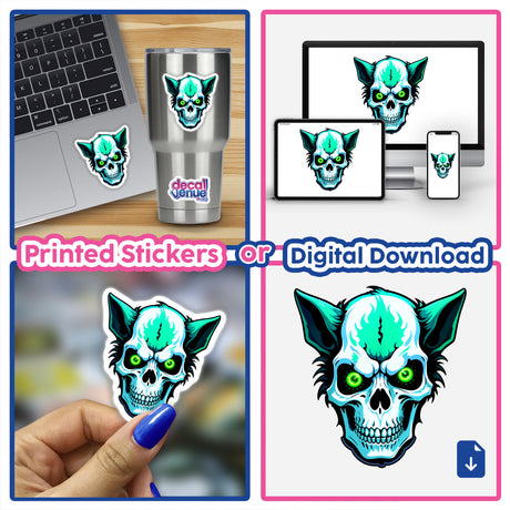 A Hybrid Human Dog Skull collage featuring stickers and digital downloads, showcasing various cartoon skull designs on items like laptops and cups, representing Decal Venue's unique sticker and digital art offerings.