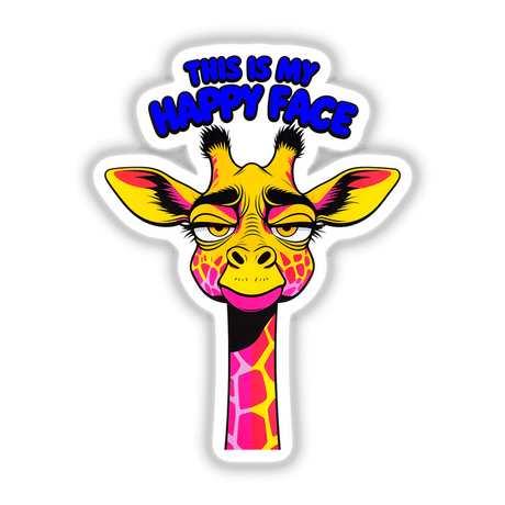 This Is My Happy Face Cute Grumpy Giraffe sticker features a cartoon giraffe illustration with a grumpy expression, ideal for vinyl decals or digital artwork from Decal Venue.