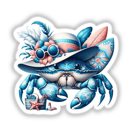 Blue Crab in Summer Beach Hat with Surfboard