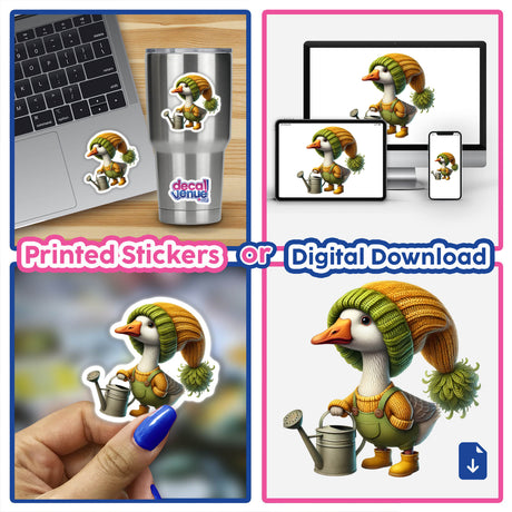 Goose Gnome with Watering Can, featuring a cartoon goose in a hat and overalls, holding a watering can. Available as stickers or digital artwork.
