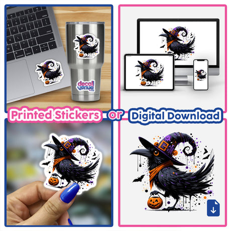 Spooky Halloween Black Raven Bird stickers and digital artwork featuring a crow with a hat and pumpkin, shown on a laptop, cup, and as individual stickers.