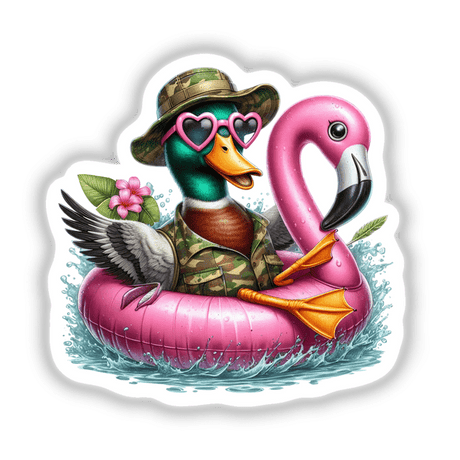 Camo Mallard Duck in Flamingo Float II: Illustration of a cartoon duck sitting inside a pink flamingo float, available as unique vinyl stickers or digital artwork from Decal Venue.