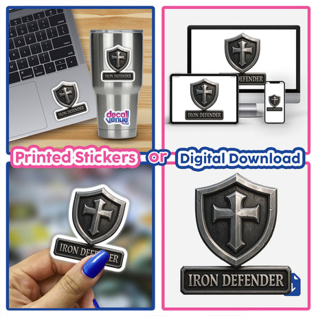 Iron Defender – RPG-Style Skill Badge features a Silver Knight Shield design, offered as stickers or digital artwork, embodying Decal Venue's unique vinyl and art style.