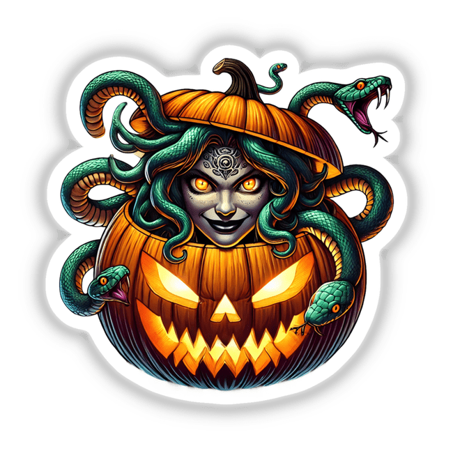 Medusa peeking out of a carved Halloween pumpkin, featuring snakes and eerie eyes