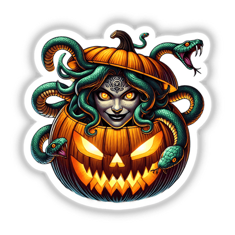 Medusa peeking out of a carved Halloween pumpkin, featuring snakes and eerie eyes