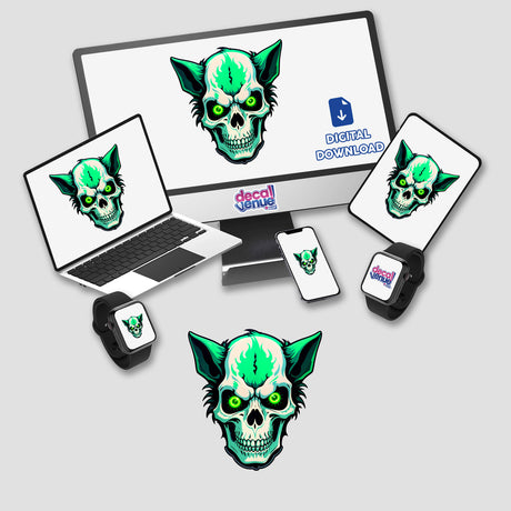 A Hybrid Human Dog Skull design displayed on a computer monitor and laptop, available as unique stickers or digital artwork from Decal Venue.