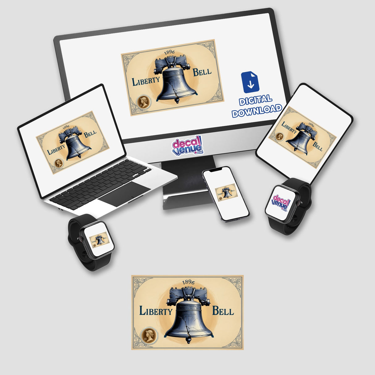 Vintage Liberty Bell Postcard Clipart on a computer monitor and laptop screen, available as downloadable stickers with commercial rights from Decal Venue.