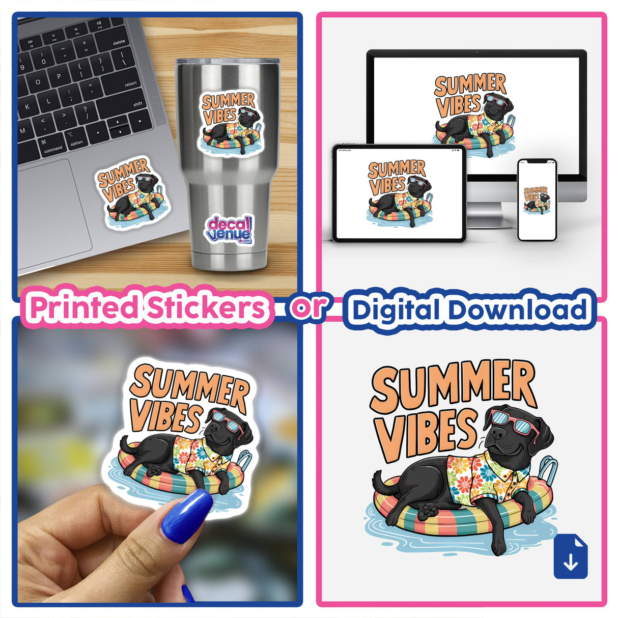 Vibrant digital artwork of a Black Labrador Retriever dog enjoying summer, surrounded by colorful abstract patterns. The image is available as printed stickers or a digital download, showcasing the product's versatility for various applications.