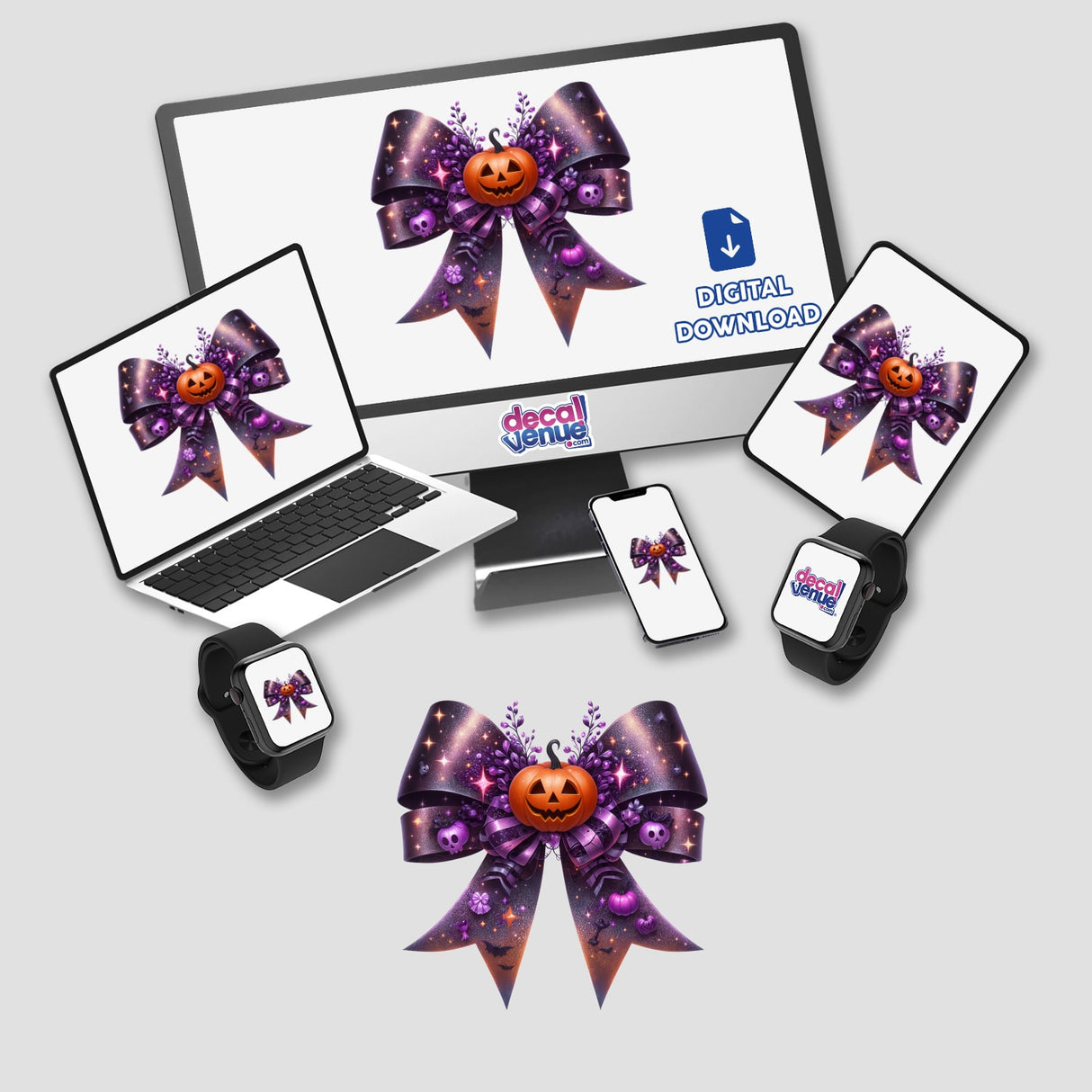 Purple Coquette Bow w/ Pumpkin displayed on a computer monitor and laptop screen. Available as Stickers or Digital Artwork from Decal Venue.