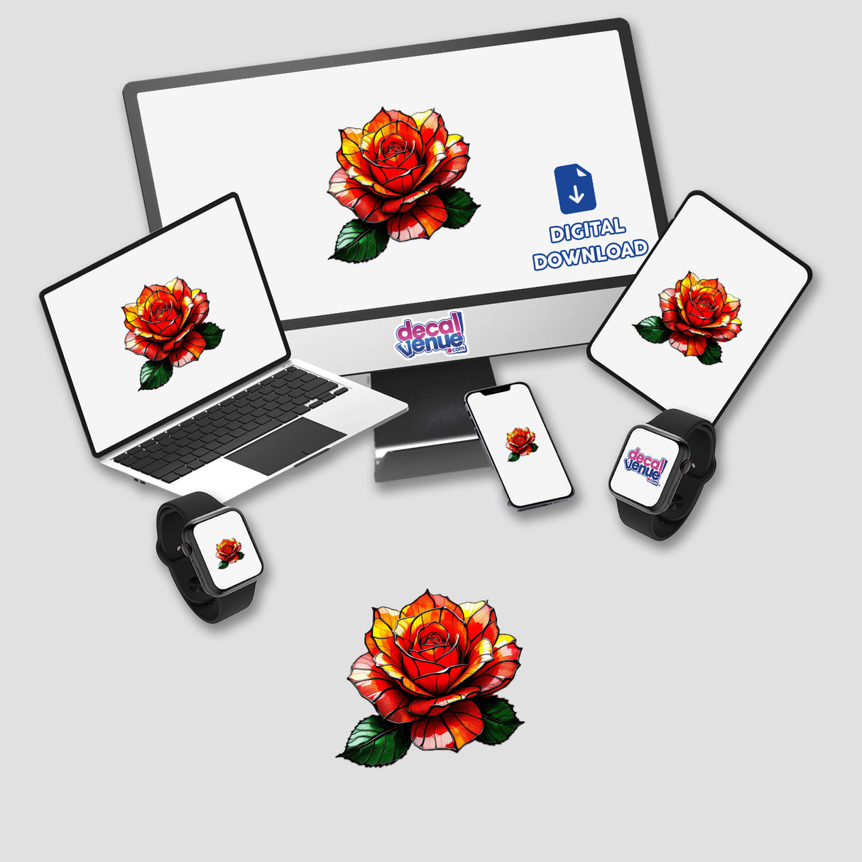 Beautiful Rose Stained Glass Style featured on a computer monitor and laptop screen, showcasing sticker or digital artwork options from Decal Venue.