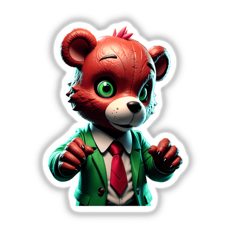 A Macabre Scary Bear cartoon character in a suit and tie, available as stickers or digital artwork. Features include green eyes and a prominent red tie, ideal for unique decor.