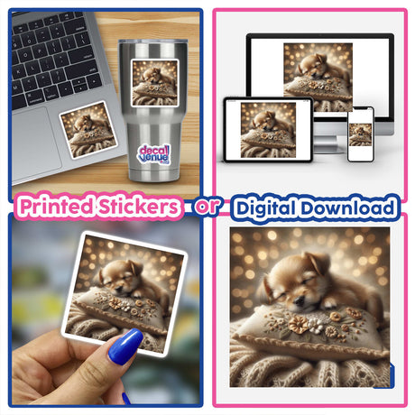 Collage featuring the product Puppy Sleeping on Floral Pillow with images of a dog on a pillow, a laptop displaying the dog, and close-ups of a puppy sleeping. Available as stickers or digital artwork.