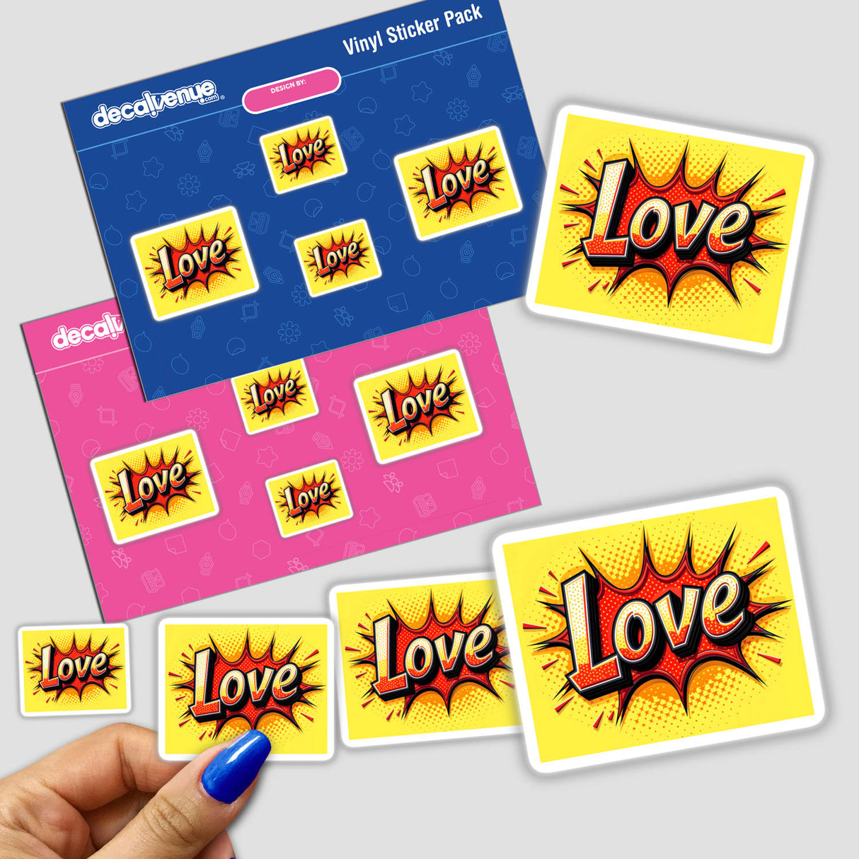 Love Valentine's Day sticker featuring comic book-style graphics and text. A finger is shown interacting with the sticker, emphasizing its tactile design. Available as a sticker or digital artwork.