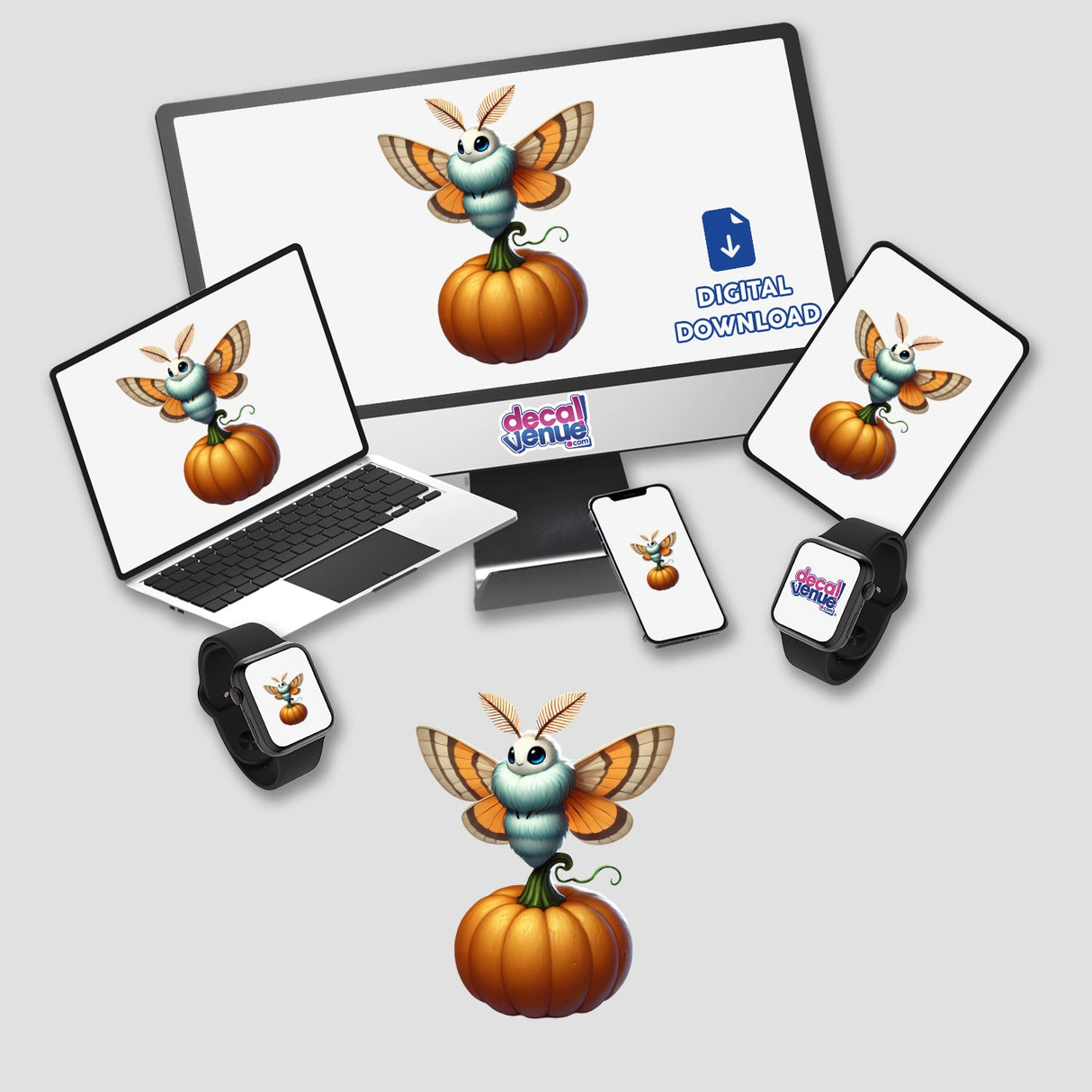 Moth Standing on Pumpkin design on a computer monitor and laptop, showcasing cute autumn-themed artwork for stickers or digital downloads.