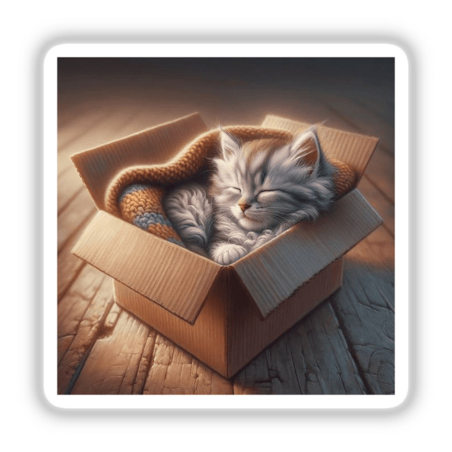 Kitten in Cozy Cardboard Box: A small cat comfortably sleeps inside a cardboard box. Available as stickers or digital artwork from Decal Venue, specializing in unique stickers and digital art.
