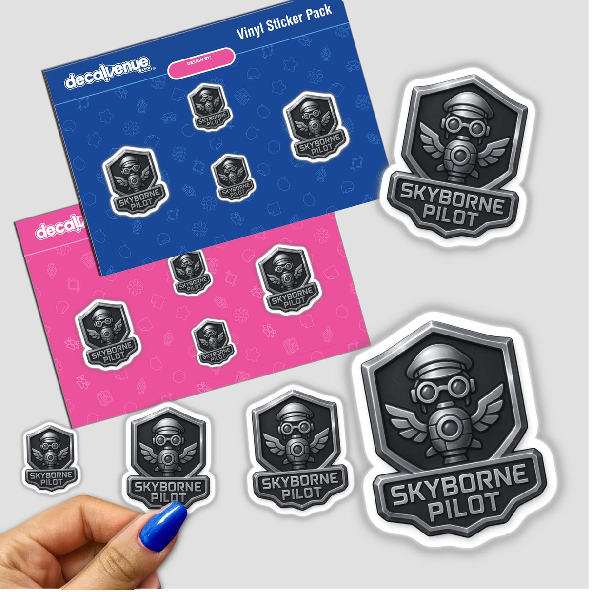 Skyborne Pilot RPG-Style Skill Badge featuring a silver steampunk crest, available as a sticker or digital artwork, showcasing intricate gear and wing details emblematic of Decal Venue's unique designs.
