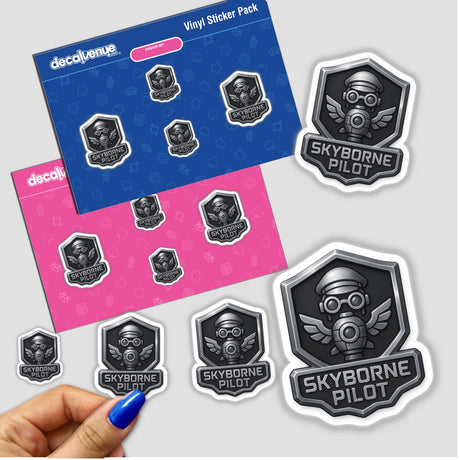 Skyborne Pilot RPG-Style Skill Badge featuring a silver steampunk crest, available as a sticker or digital artwork, showcasing intricate gear and wing details emblematic of Decal Venue's unique designs.