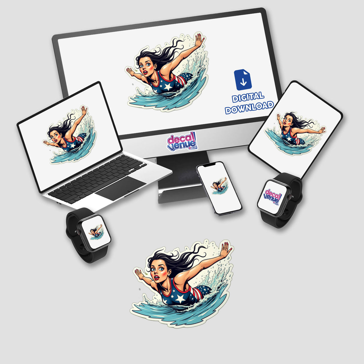 Eu Pegando Uma Onda: A digital artwork showing a cartoon woman swimming, displayed on a computer monitor and laptop screen. Available as stickers or digital art.