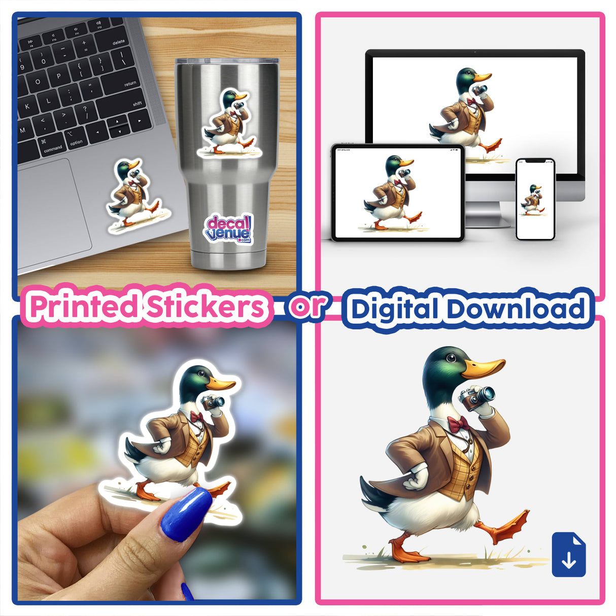 Mallard duck camera man - Digital artwork featuring a duck dressed as a photographer, shown on various digital devices and printed stickers.