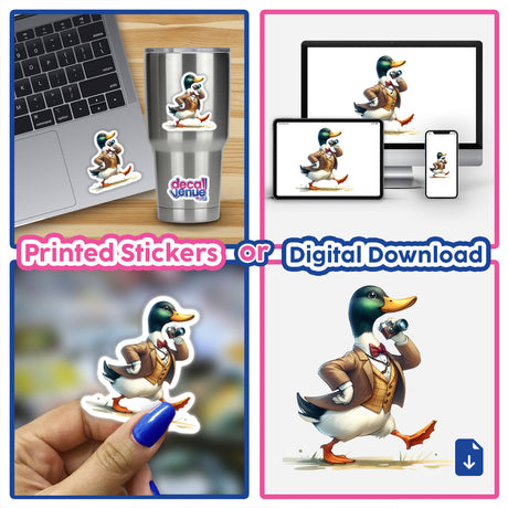 Mallard duck camera man - Digital artwork featuring a duck dressed as a photographer, shown on various digital devices and printed stickers.