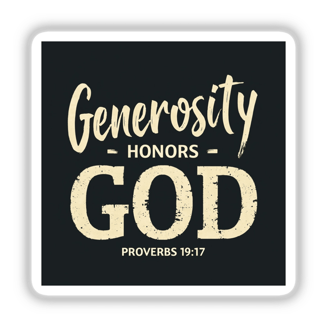 Generosity Honors God - Proverbs 19:17 - Christian Sticker or Clipart featuring bold white typography on a black background, available as unique stickers or digital artwork from Decal Venue.