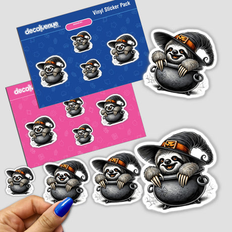 Whimsical Halloween-themed sloth stickers in a spooky cauldron pattern, showcasing the playful and mischievous character of these adorable creatures.