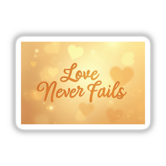Love Never Fails Sticker & Clipart | 1 Corinthians 13:8 | Christian Quote | Bible Verse; close-up of handwritten letters with heart accents. Available as stickers or digital artwork.