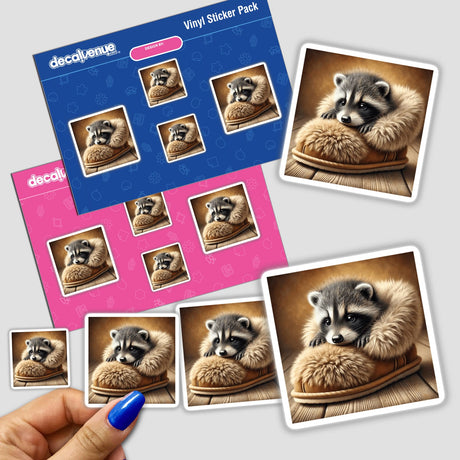 Baby Raccoon in Fluffy Slipper sticker, showcasing a cute raccoon nestled in a furry slipper. Available as a sticker or digital artwork from Decal Venue.
