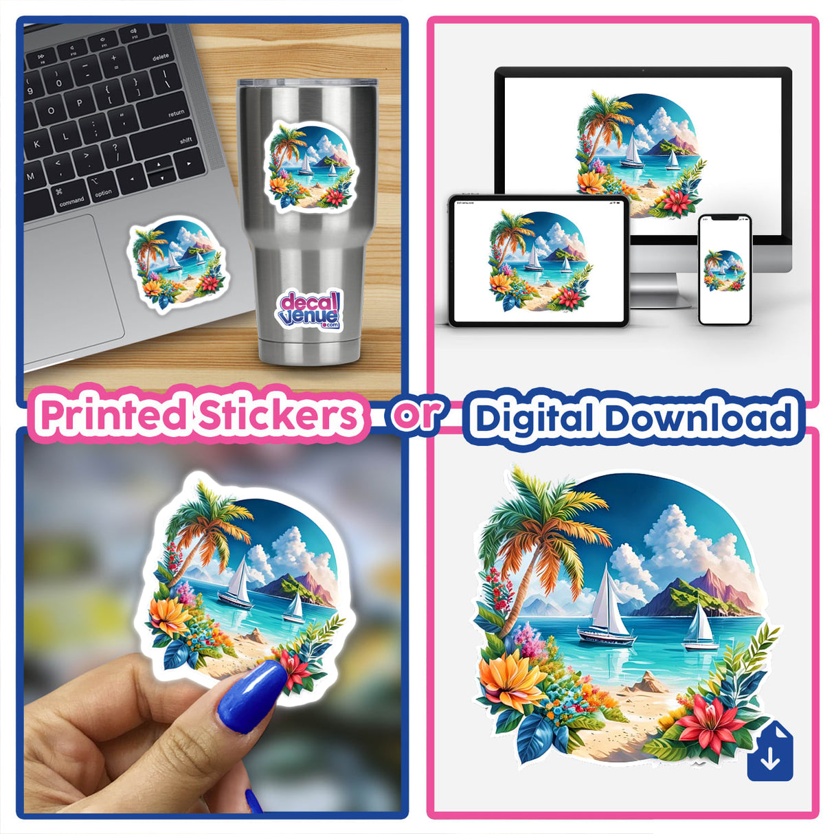 Tropical island scene with palm trees, sailboats, and colorful flowers displayed on various digital and physical products from the Decal Venue store.