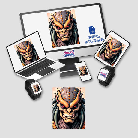 A Cool Alien Predator Soldier cartoon displayed on a laptop and monitor, featured as part of Decal Venue's unique vinyl stickers and digital artwork offerings.