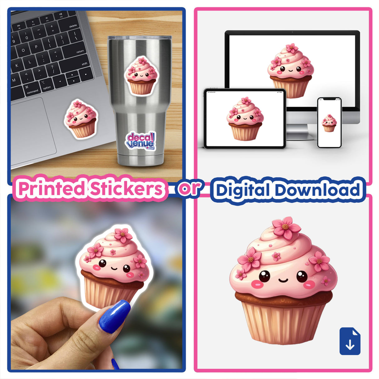 Kawaii Cherry Blossom Cupcake Sticker featuring a charming cartoon cupcake with pink frosting and flowers, designed as adorable food art. Available as stickers or digital artwork, perfect for laptops or cups.