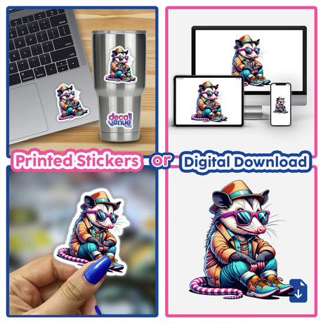 Stylish Opossum Sunglasses stickers and digital artwork feature a cartoon opossum wearing sunglasses and a hat. Various images showcase the design on laptops, cups, and individual stickers.