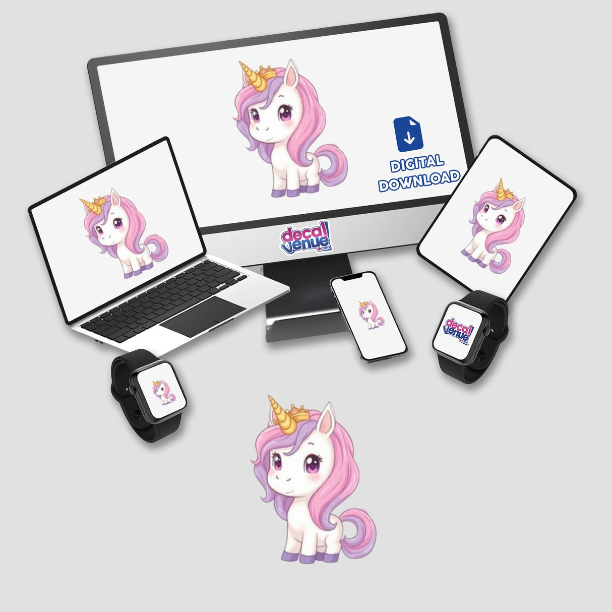 Chibi Unicorn Princess Sticker featuring a cute, magical unicorn displayed on a laptop, phone, and smartwatch screens, exemplifying Decal Venue's unique sticker and digital art collection.