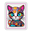 Fat Cat Of Many Colors: A vivid cartoon cat illustration featuring intricate patterns, available as stickers or digital artwork, embodying Decal Venue's unique artistic style.