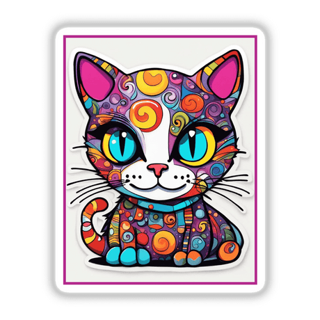 Fat Cat Of Many Colors: A vivid cartoon cat illustration featuring intricate patterns, available as stickers or digital artwork, embodying Decal Venue's unique artistic style.