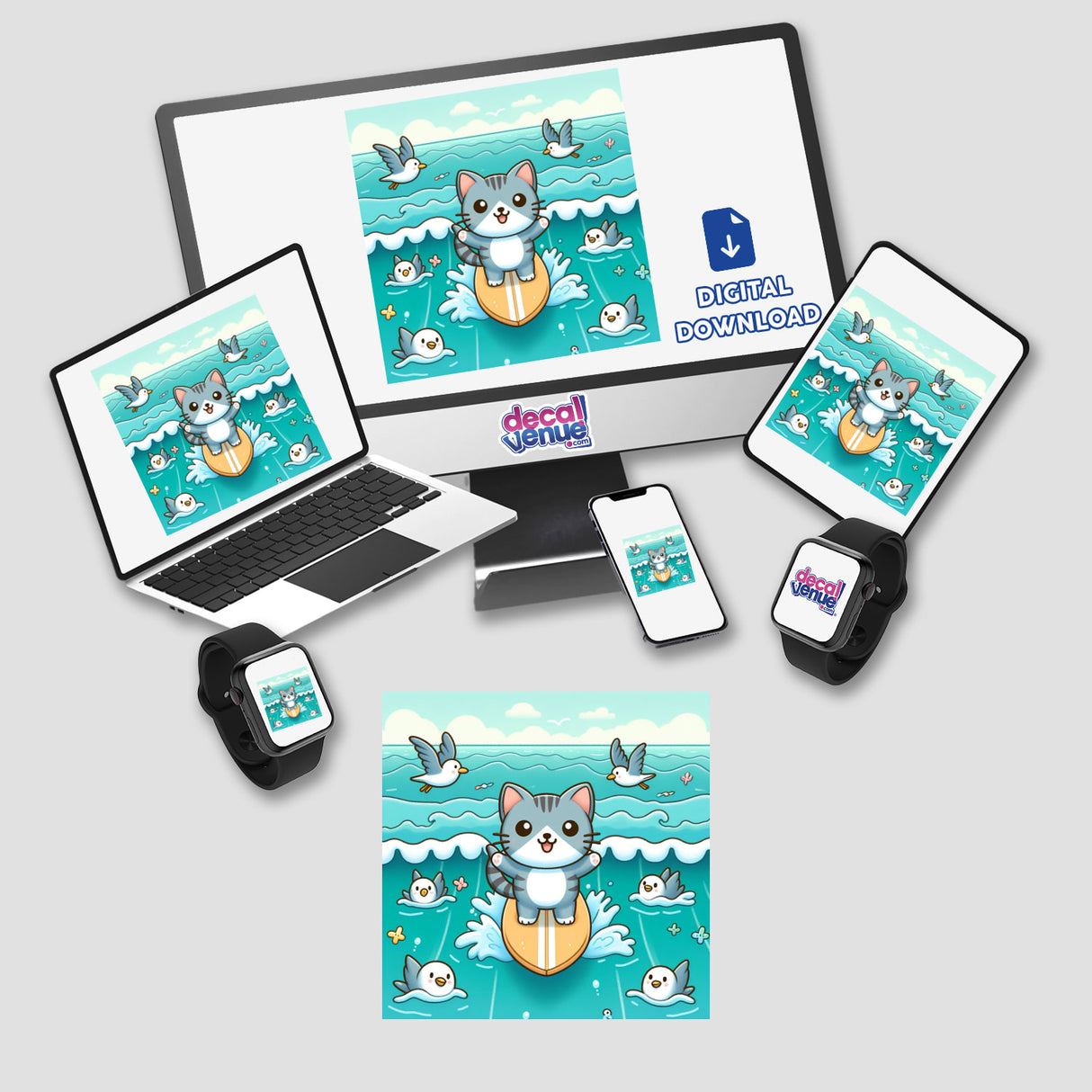 Surfing cat - Whimsical digital artwork of a playful cat riding a surfboard amidst ocean waves and butterflies, available as a downloadable sticker from the Decal Venue online store.