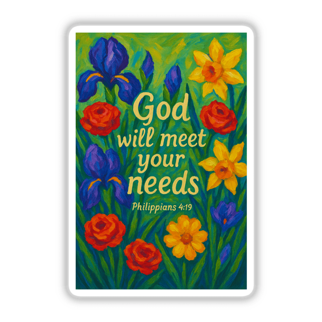 God Will Meet Your Needs Christian Sticker or Clipart featuring Philippians 4:19 Floral Art, available as stickers or digital artwork, showcasing intricate floral designs around the inspirational text.