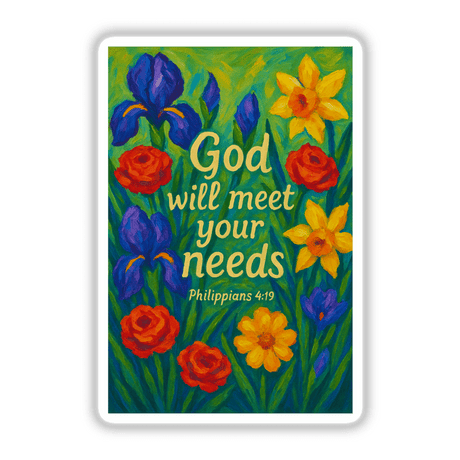 God Will Meet Your Needs Christian Sticker or Clipart featuring Philippians 4:19 Floral Art, available as stickers or digital artwork, showcasing intricate floral designs around the inspirational text.