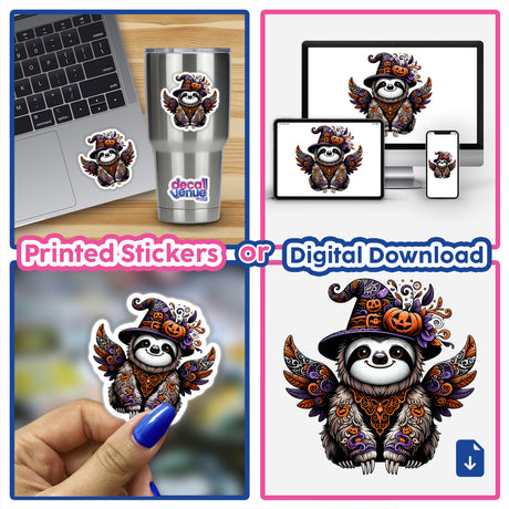 Halloween Sloth in Witch Hat Wings - Digital artwork featuring a whimsical sloth character wearing a witch hat and wings, available as printed stickers or digital download from Decal Venue.