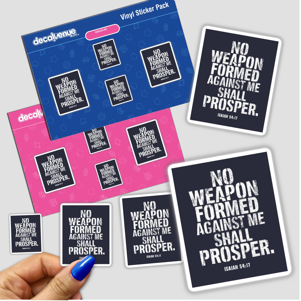 Hand holding Isaiah 54:17 Bible Verse No Weapon Formed Against Me distressed font stickers, available as stickers or digital artwork for commercial use.