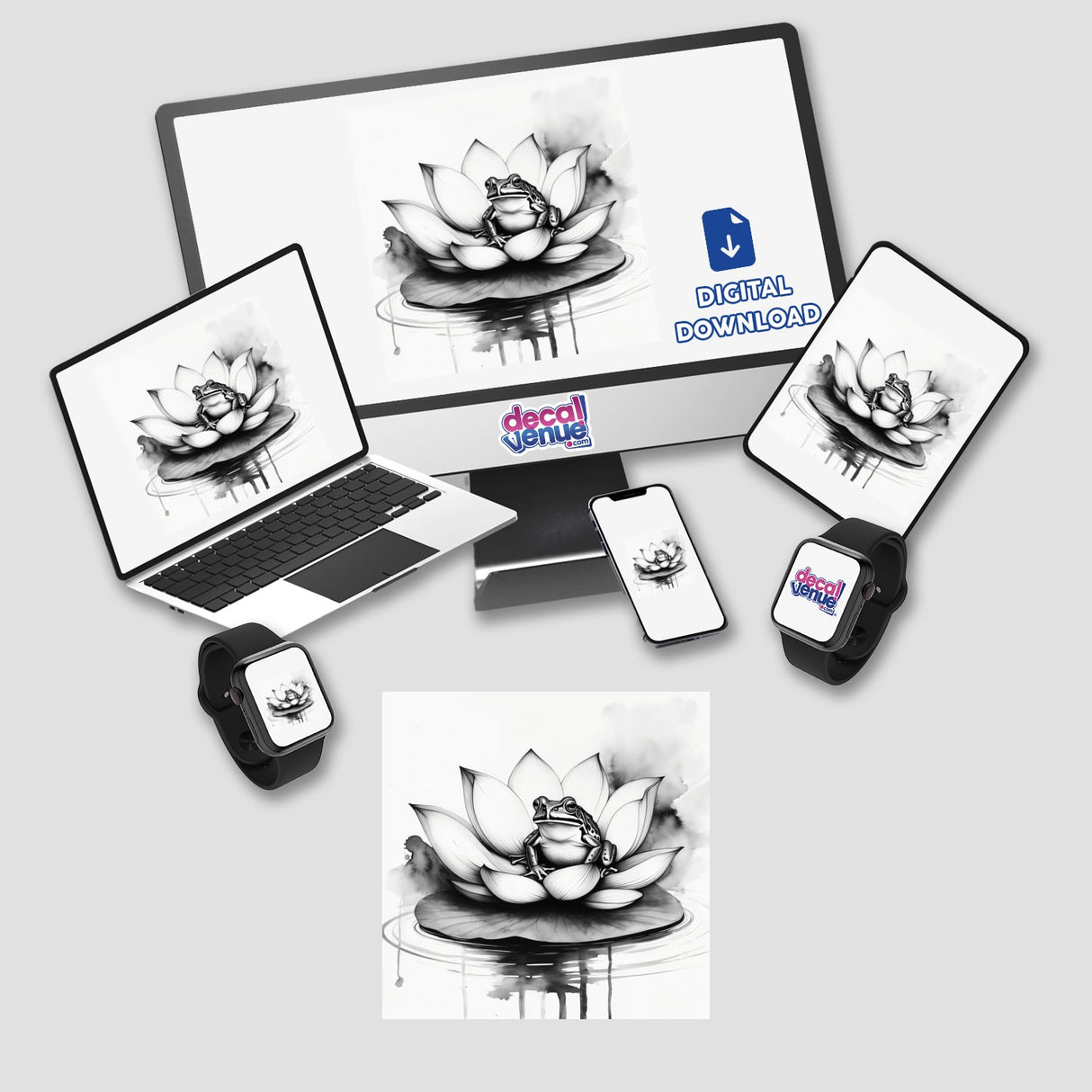 Sumi-e Frog on Lotus Leaf Traditional Japanese Ink Art depicted as a sticker or digital artwork, showcasing a serene frog gracefully poised on a lotus leaf, embodying traditional Japanese ink painting aesthetics.
