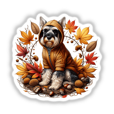 Autumn Schnauzer in Cozy Sweater: An illustrated Schnauzer wearing a warm sweater, available as stickers or digital artwork from Decal Venue.