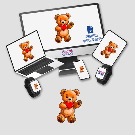 Cute Valentine's Day Teddy Bear displayed on a computer monitor and laptop, showcasing cartoon bears holding hearts. Available as stickers or digital artwork from Decal Venue, perfect for unique expressions.