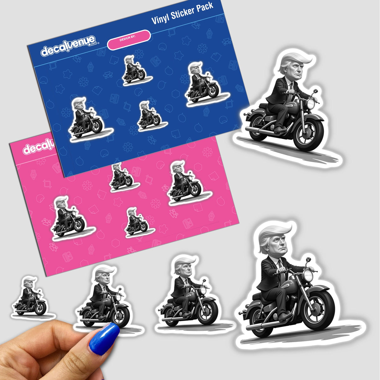Sticker pack featuring the caricature of President Donald Trump on a motorcycle, showcasing unique vinyl artwork from Decal Venue.