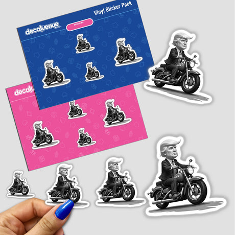 Sticker pack featuring the caricature of President Donald Trump on a motorcycle, showcasing unique vinyl artwork from Decal Venue.