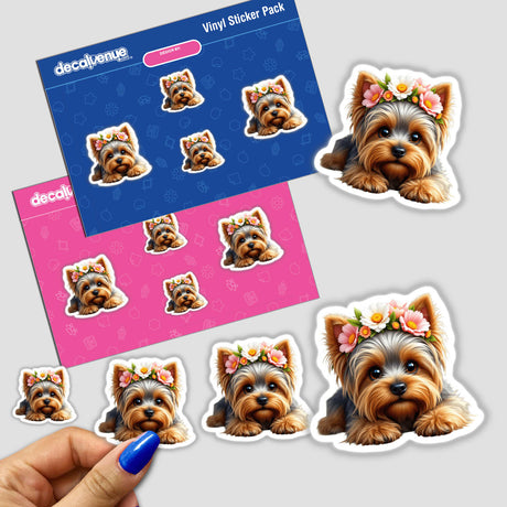 Whimsical Yorkshire Terrier with a Colorful Flower Crown stickers showcase a playful dog adorned with vibrant flowers, perfect for adding charm to any surface.